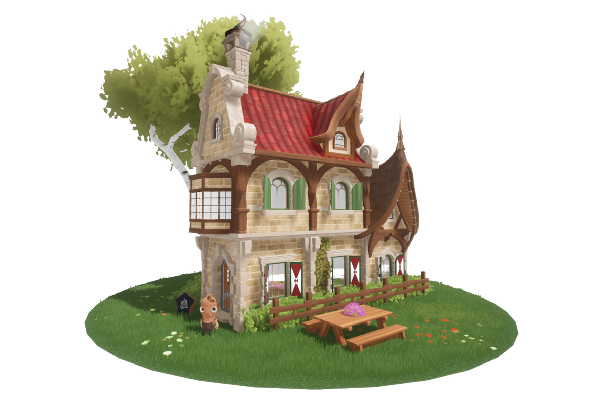 Towns of Yore: cozy two-storey house with red roof, picnic table and garden.